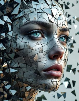 The primary subject of the image is a woman with a unique and artistic appearance. She has a face made of mirrored glass, giving her a distinctive and intriguing look. The setting is a close-up of her face, with the background featuring a pattern of mirrored glass. The visual style is a combination of digital art and photography, creating a striking and memorable image. The colors and mood of the image are predominantly dark and moody, with the mirrored glass adding a touch of mystery and all